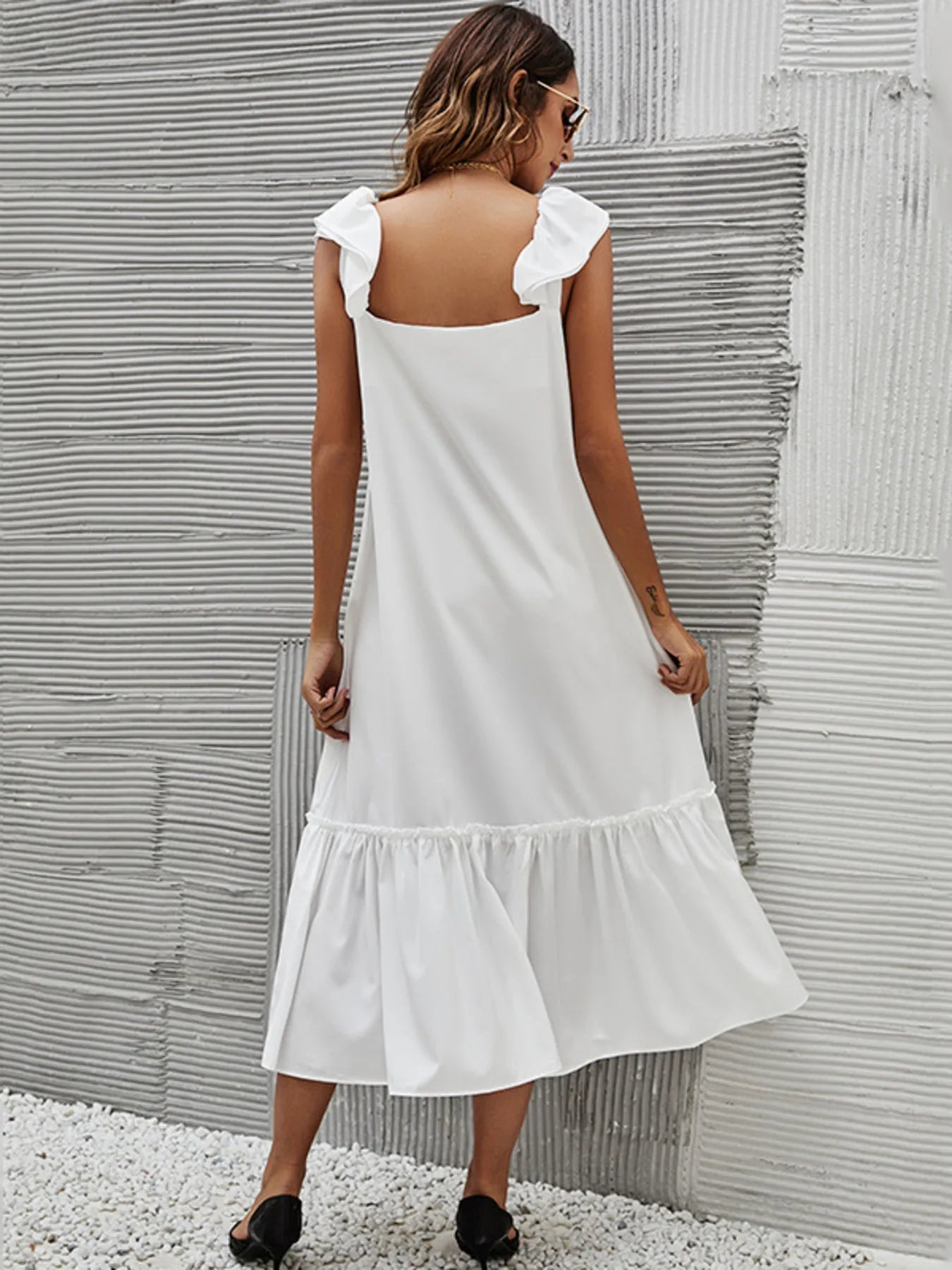 Full Size Ruffled Hem Midi Dress with Cap Sleeves Plus Size
