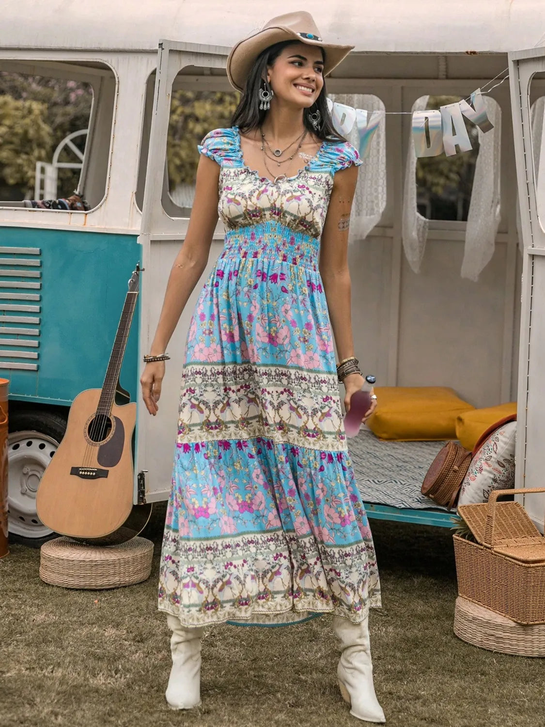 Frill Printed Cap Sleeve Dress
