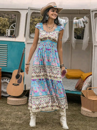 Frill Printed Cap Sleeve Dress Light Blue