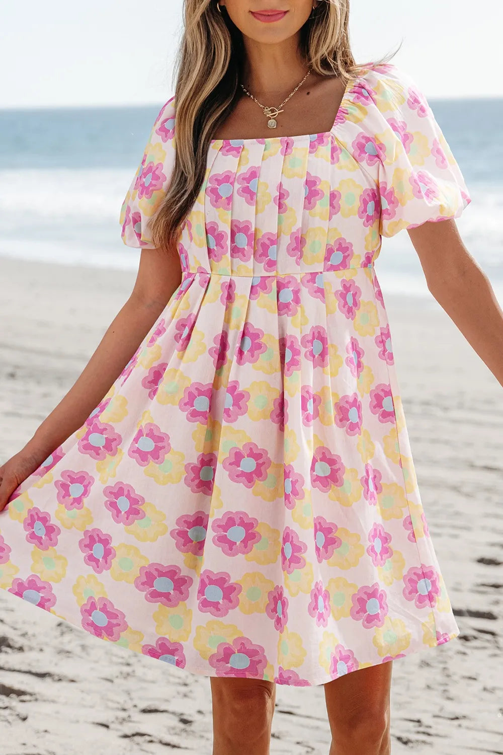 Floral Square Neck Puff Sleeve Pleated Flared Midi Dress Dusty Pink