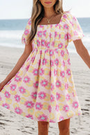 Floral Square Neck Puff Sleeve Pleated Flared Midi Dress Dusty Pink