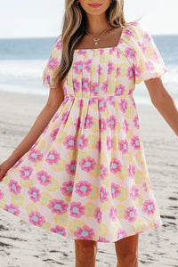 Floral Square Neck Puff Sleeve Pleated Flared Midi Dress Dusty Pink