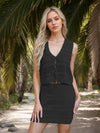 Openwork V-Neck Top and Skirt Knit Cover Up Set Black