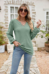 Trendsi Eyelet Notched Neck Long Sleeve Balloon Sleeve Blouse - Chic Solid Polyester Top - Store 42