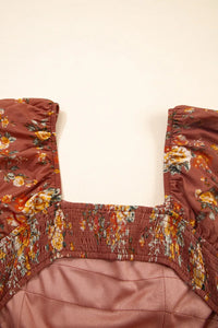 Floral Puff Sleeve Square Neck Knot Open Back Mini Dress