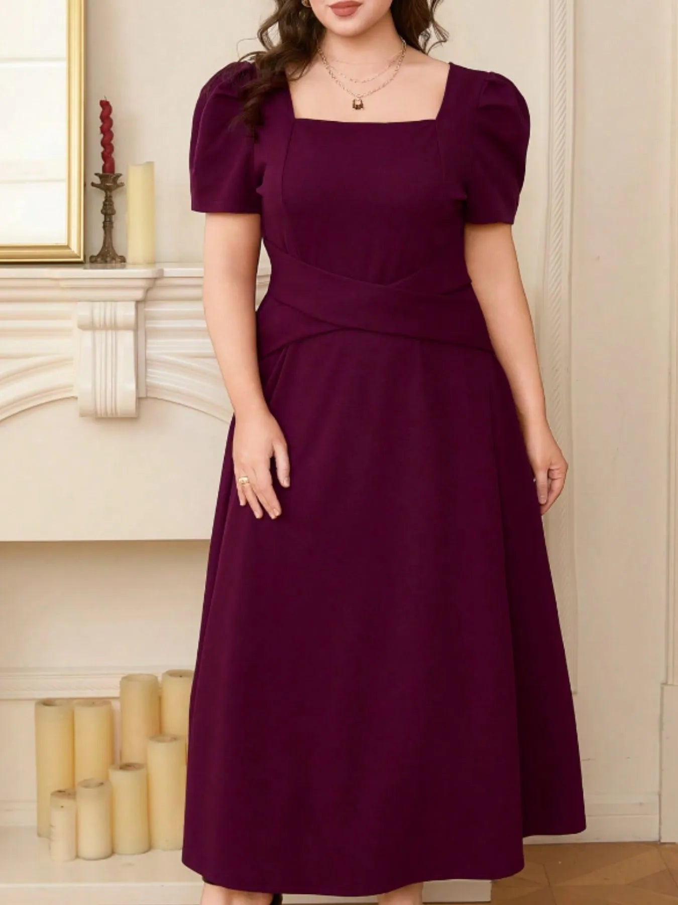 Plus Size Crisscross Square Neck Midi Dress with Puff Sleeves – Elegant & Stylish