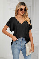 Trendsi Casual Eyelet Tie-Neck Flutter Sleeve Top in Solid Color - Slightly Stretchy V-Neck Design - Store 42