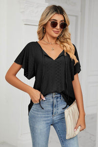 Trendsi Casual Eyelet Tie-Neck Flutter Sleeve Top in Solid Color - Slightly Stretchy V-Neck Design - Store 42