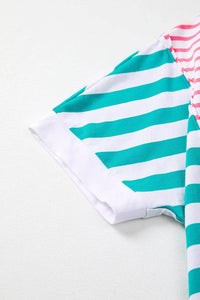 Trendy Color Block Striped Batwing Sleeve T-Shirt in Soft Cotton Blend - Slightly Stretchy Fit - Store 42
