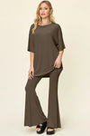 Double Take Full Size Round Neck Drop Shoulder T-Shirt and Flare Pants Set Mocha