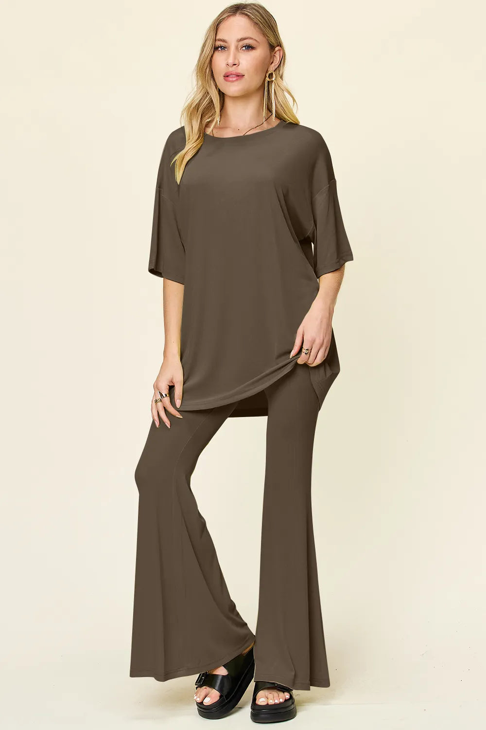 Double Take Full Size Round Neck Drop Shoulder T-Shirt and Flare Pants Set Mocha