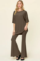 Double Take Full Size Round Neck Drop Shoulder T-Shirt and Flare Pants Set Mocha