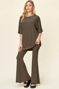 Double Take Full Size Round Neck Drop Shoulder T-Shirt and Flare Pants Set Mocha