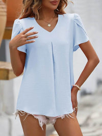 Mandy Ruched V-Neck Petal Sleeve Top - Casual Solid 100% Polyester Short Sleeves - Store 42