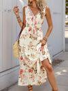 Printed Ruffled Hem V-Neck Sleeveless Dress Cream