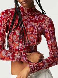 Floral Mock Neck Long Sleeve Top Deep Red