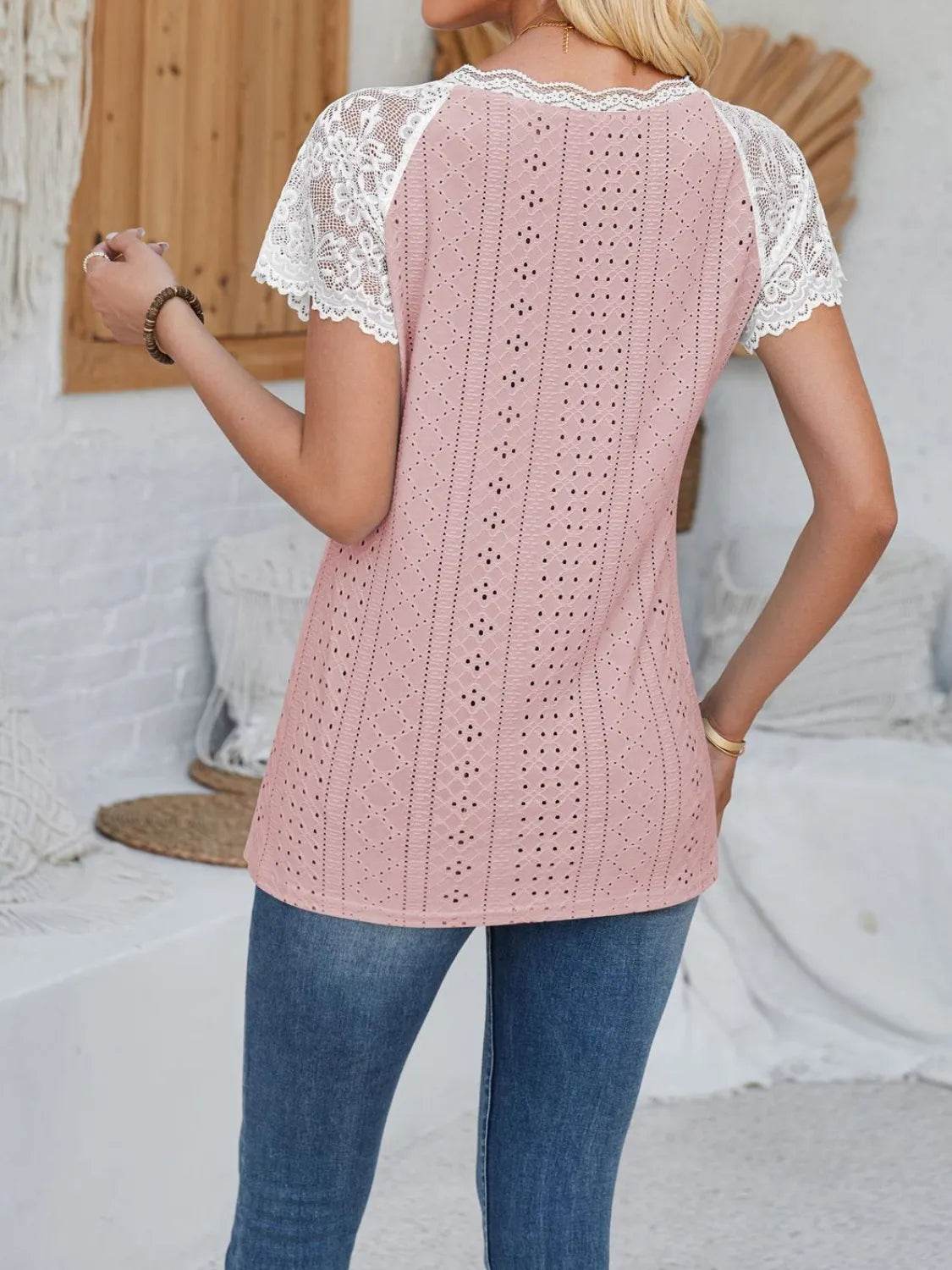 Eyelet Lace Detail V-Neck Top - Semi-Sheer, Slightly Stretchy, 100% Polyester Short Sleeve Blouse - Store 42