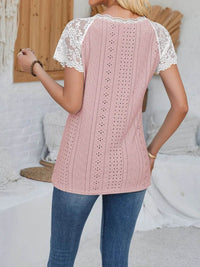 Eyelet Lace Detail V-Neck Top - Semi-Sheer, Slightly Stretchy, 100% Polyester Short Sleeve Blouse - Store 42