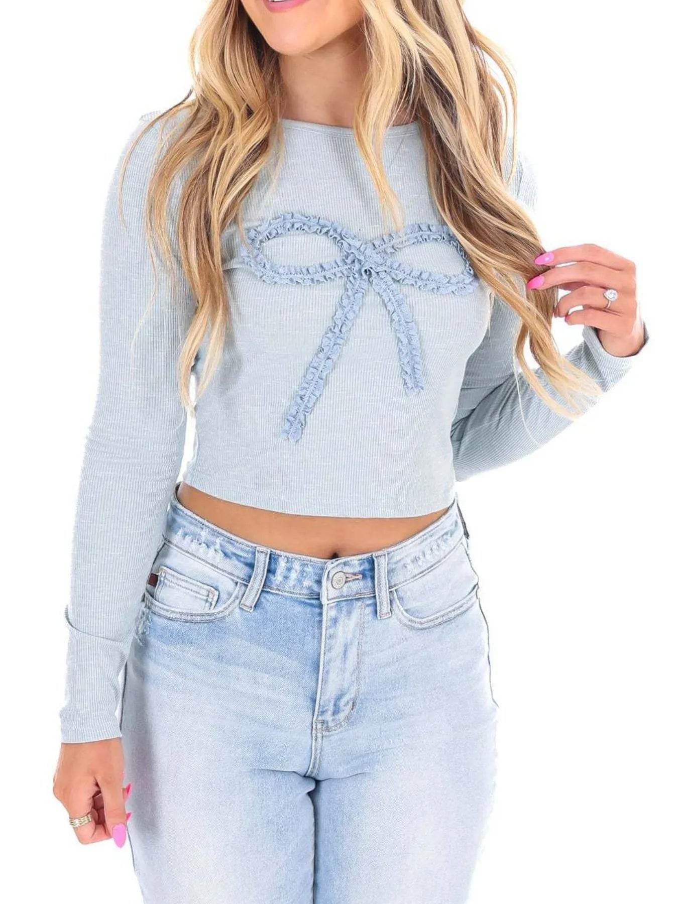 Fitted Long Sleeve T-Shirt with Bow Detail - 100% Polyester, Slightly Stretchy Style - Store 42