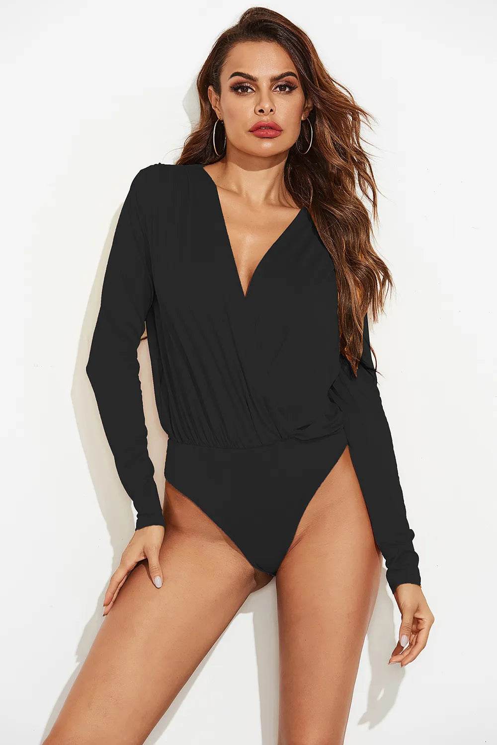 Chic Surplice Long Sleeve Bodysuit - Opaque, Highly Stretchy, Polyester-Spandex Blend
