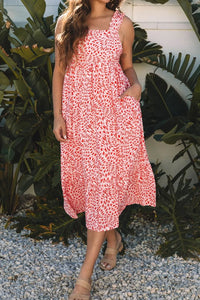 Geometric Print Knot Back Sleeveless Ruffle Hem Dress