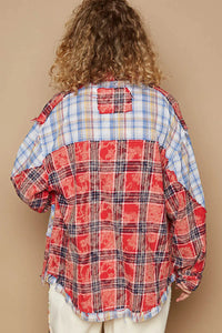 POL Plaid Patchwork Long Sleeve Shirt with Raw Edge Detail