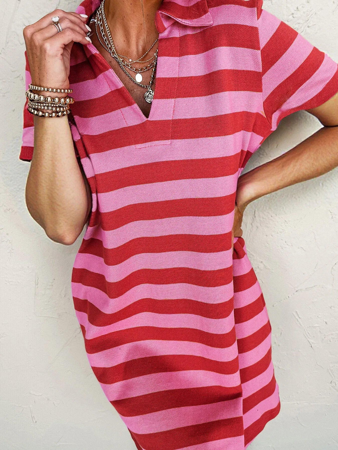 Striped Johnny Collar Dress with Pockets - Short Sleeve, 100% Polyester, Moderate Stretch