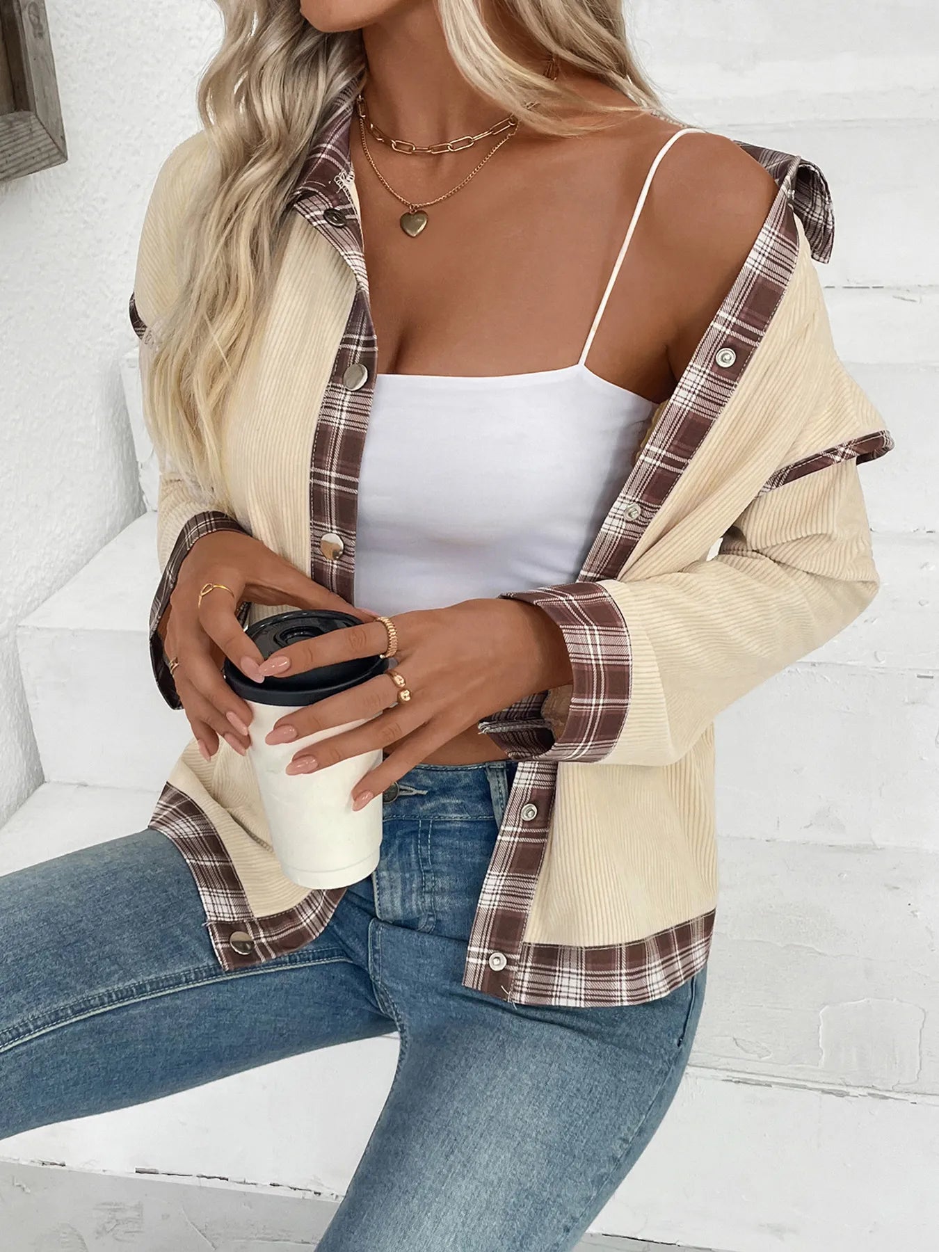Plaid Hem Button Up Long Sleeve Shacket