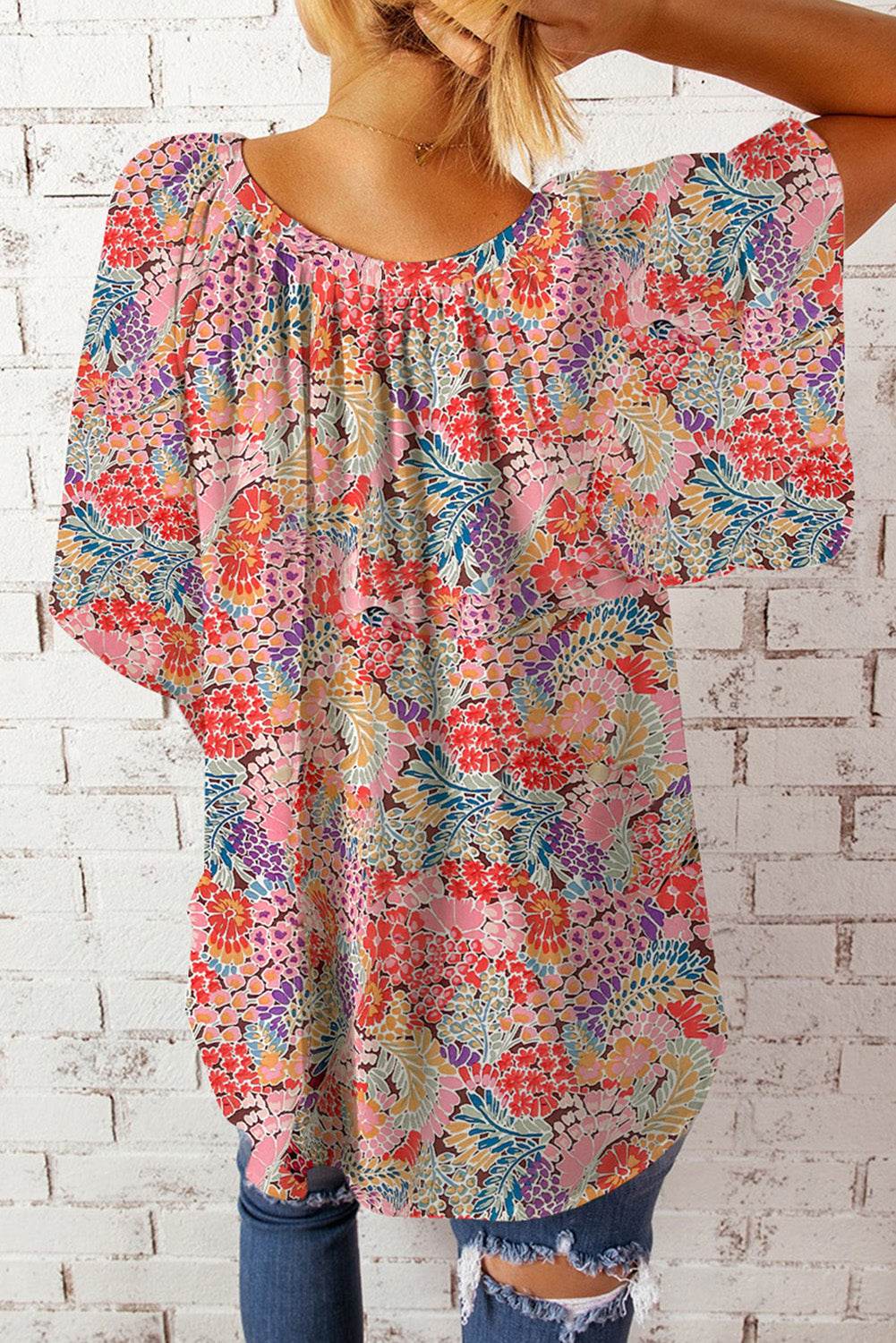 Floral Notched Neck Long Sleeve Flutter Blouse - Casual 100% Polyester Top by Trendsi