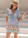 Tied Front Printed Short Sleeve Romper Light Blue
