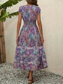 Trendy Plus Size V-Neck Midi Dress with Frill and Smocked Details, 100% Polyester - Store 42