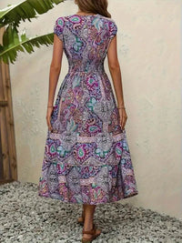 Trendy Plus Size V-Neck Midi Dress with Frill and Smocked Details, 100% Polyester - Store 42