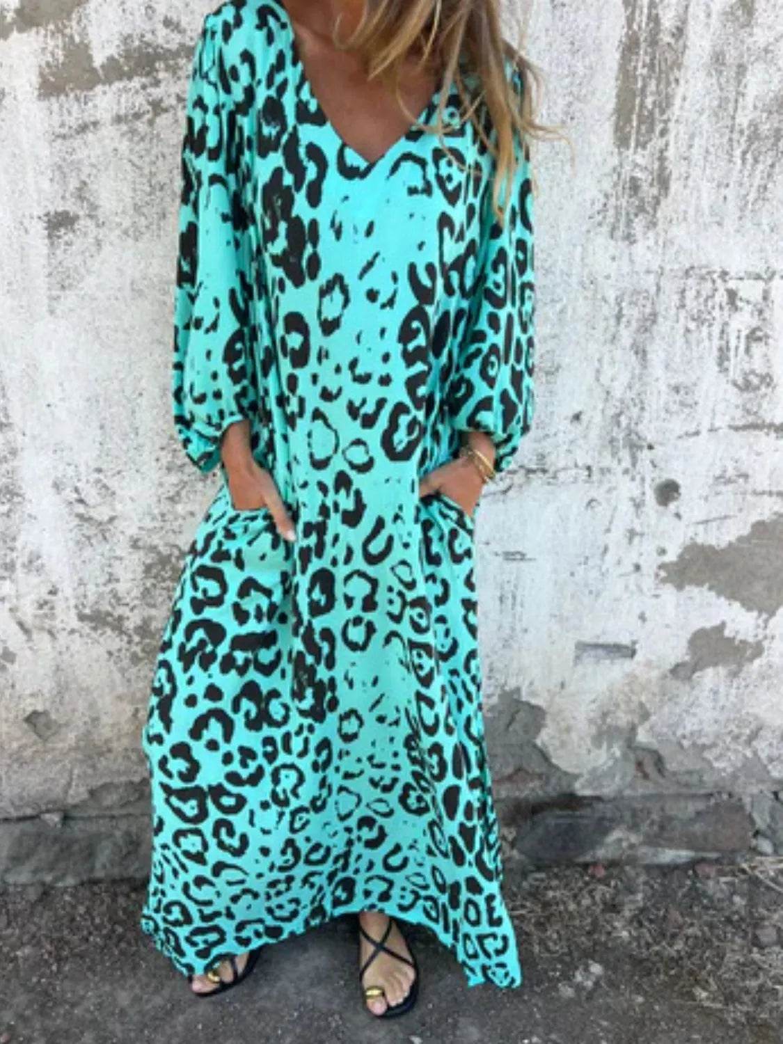 Full Size Printed V-Neck Dress with Pockets Plus Size - Store 42