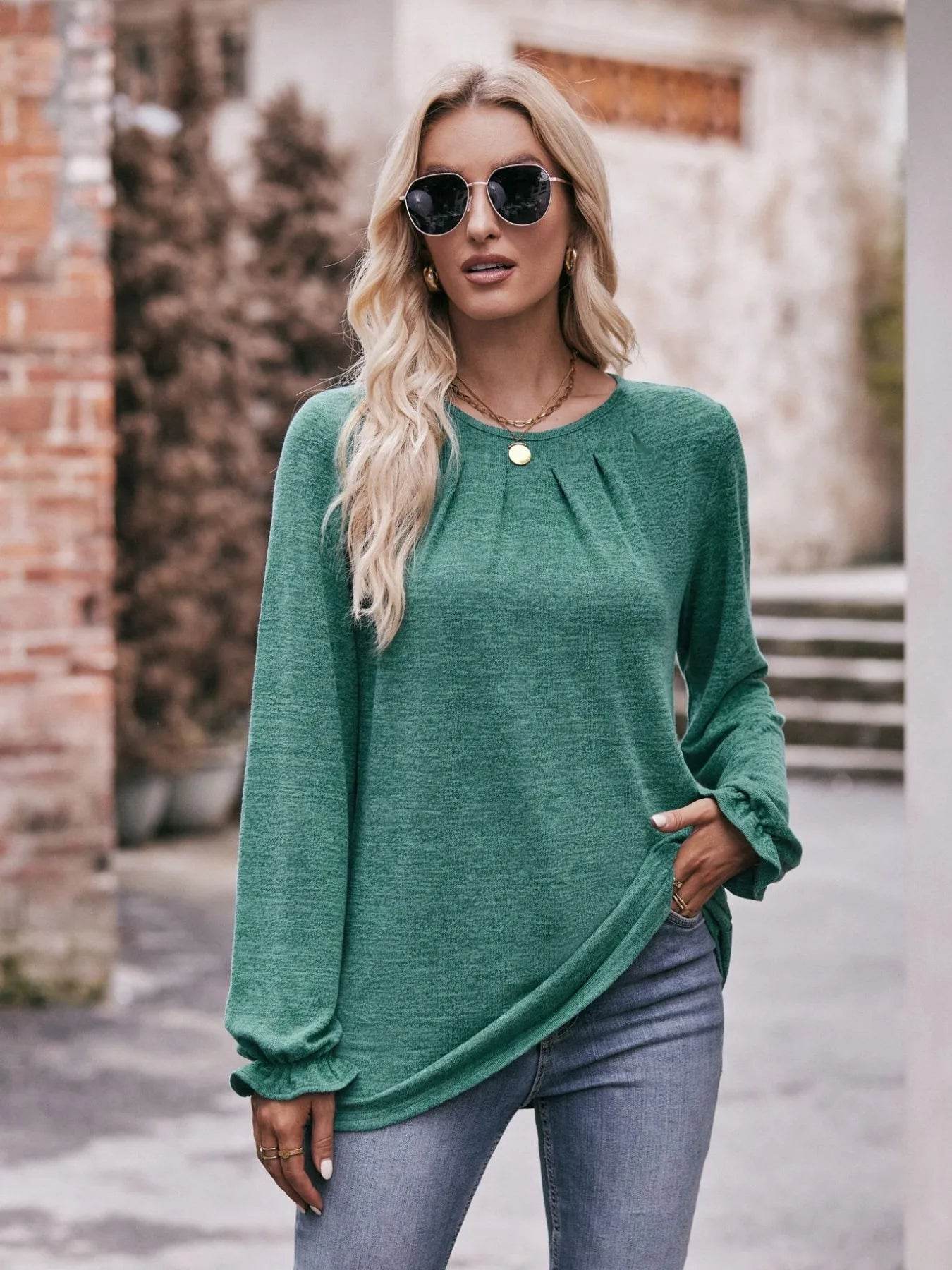 Slightly Stretchy Ruched Round Neck Long Sleeve T-Shirt - Casual Everyday Essential - Store 42