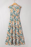 Floral Print Trimmed V Neck Tie Waist Sleeveless Dress