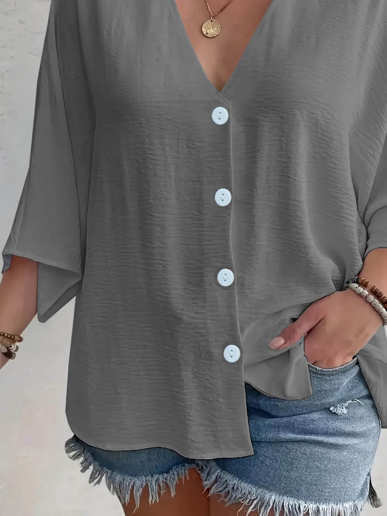 Full Size Casual V-Neck Button Down Relaxed Fit Blouse Plus Size - Store 42