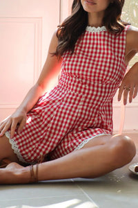 Lace Detail Plaid Sleeveless Romper