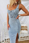 Side Slit Washed Scoop Neck Denim Dress Light Blue