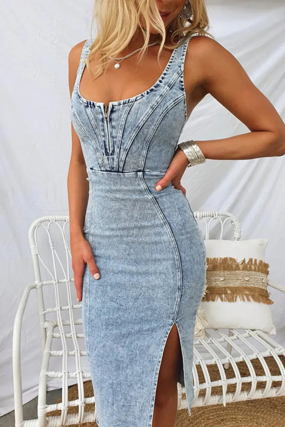 Side Slit Washed Scoop Neck Denim Dress Light Blue