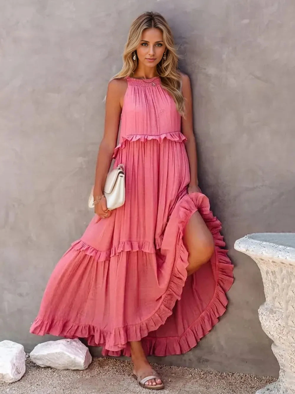 Ruffled Sleeveless Tiered Maxi Dress with Pockets - High-Low Opaque 100% Polyester
