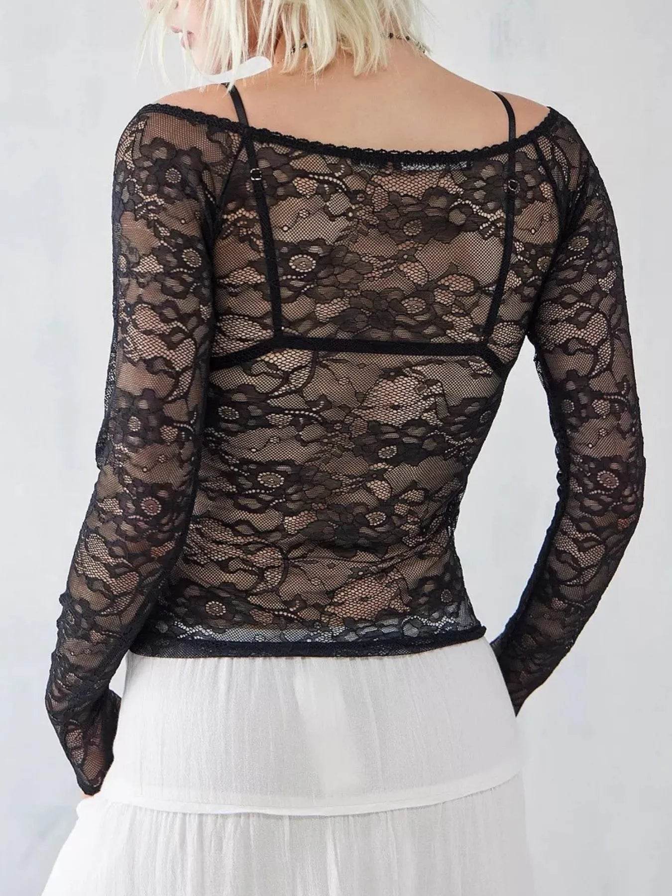 Lace Sheer Long Sleeve T-Shirt for Women - Slightly Stretchy 100% Polyester