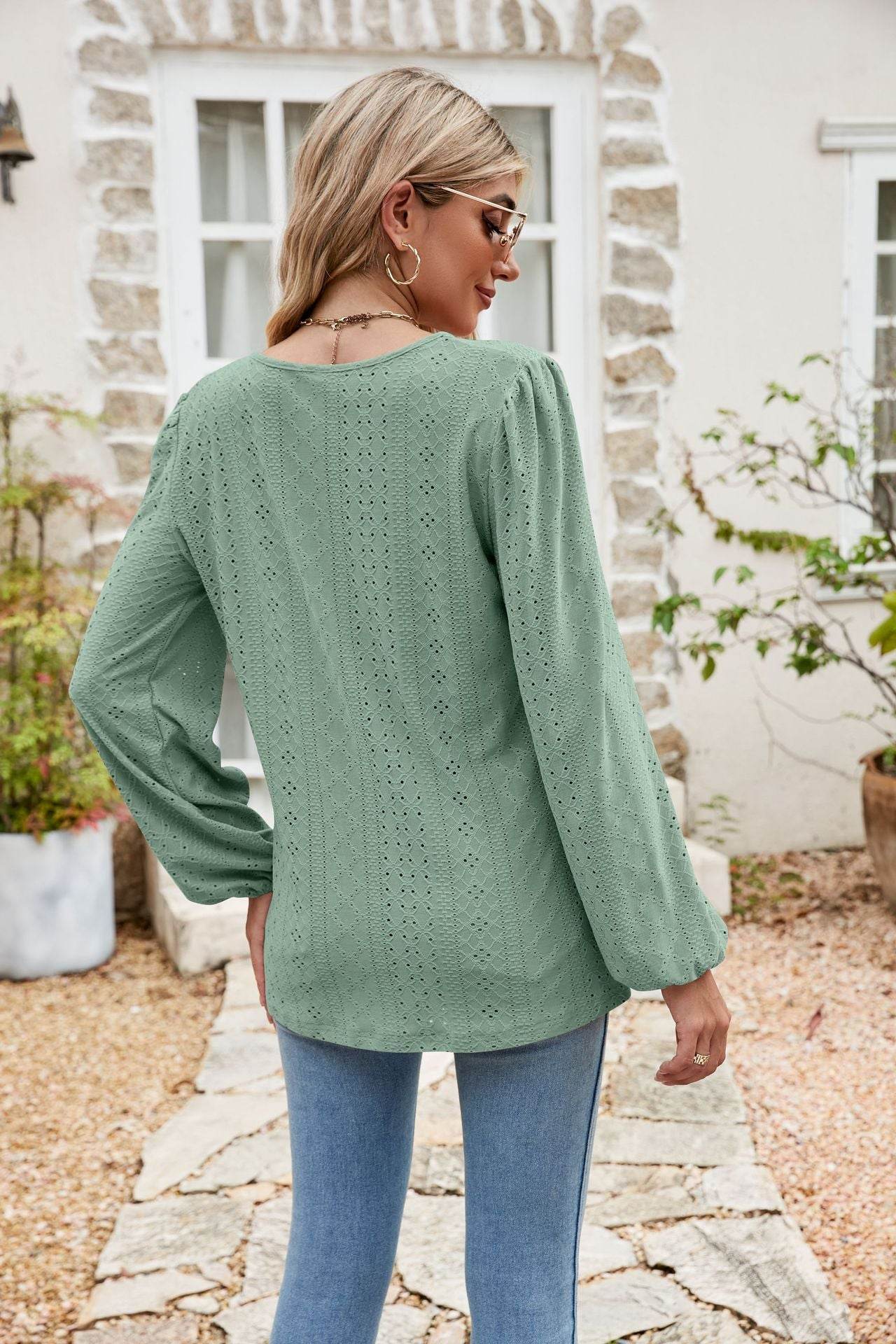 Trendsi Eyelet Notched Neck Long Sleeve Balloon Sleeve Blouse - Chic Solid Polyester Top