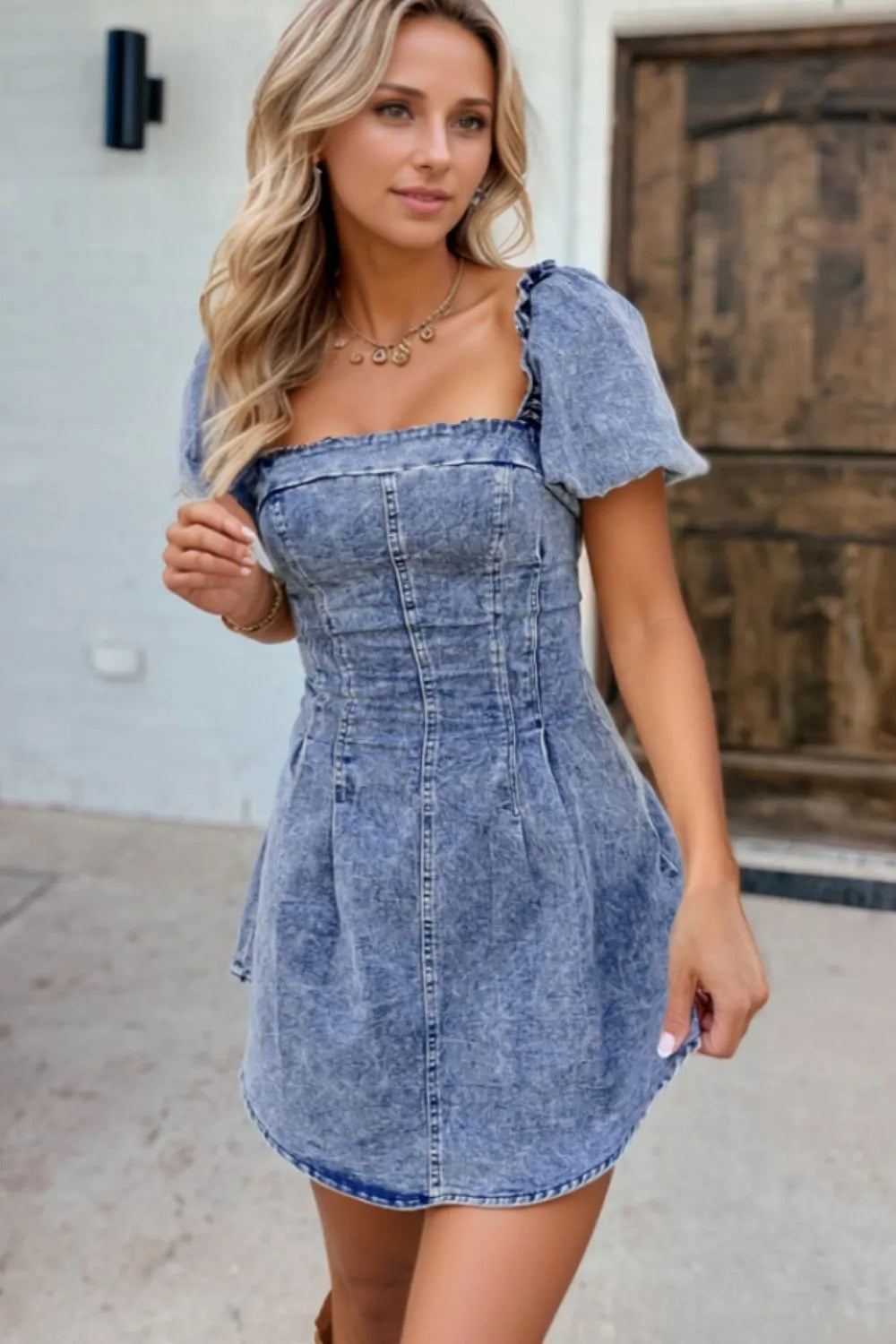 Square Neck Denim Dress with Tie Back and Puff Sleeves - Chic Frill Design