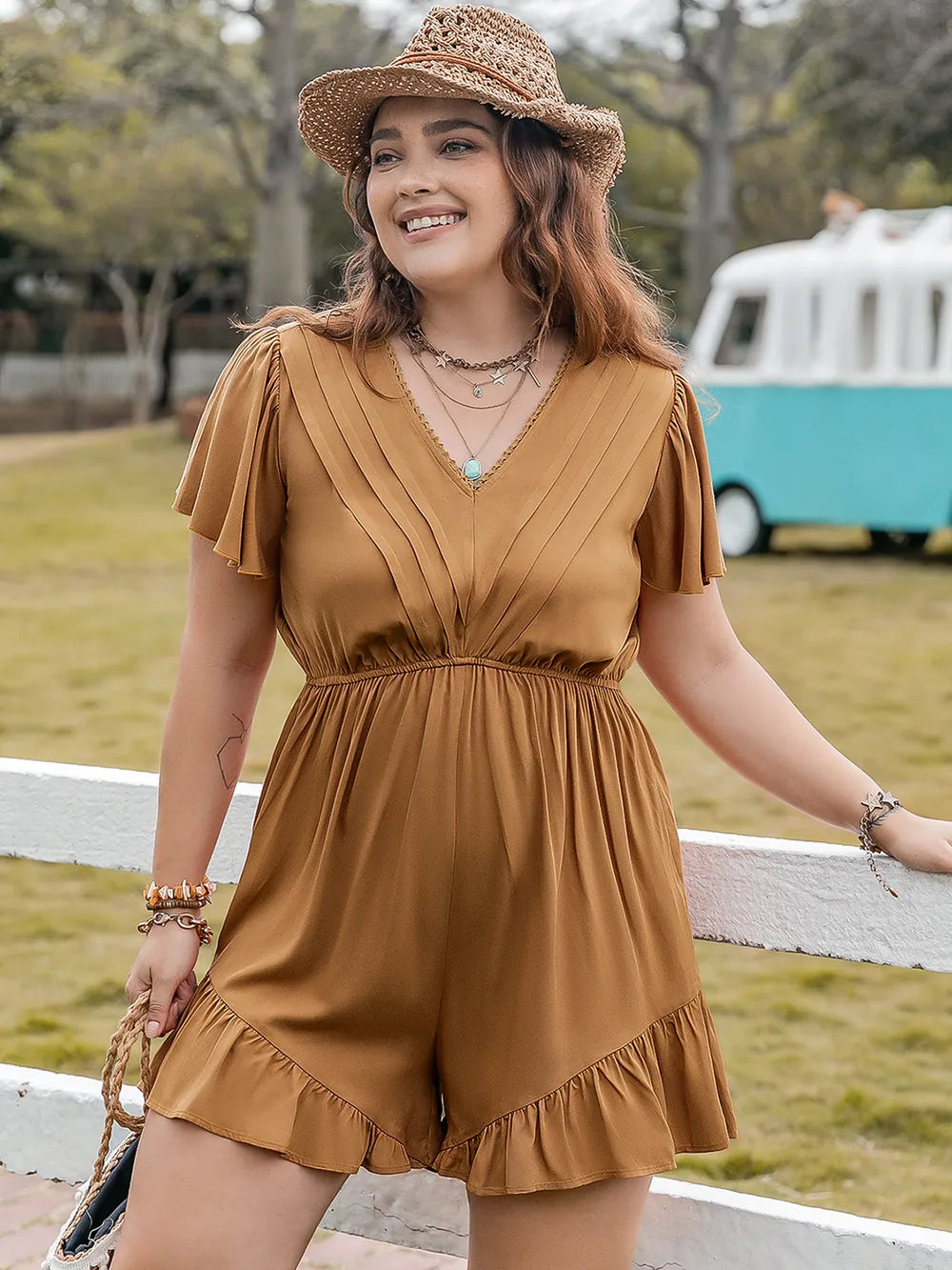 Stylish Plus Size Ruffled V-Neck Romper with Short Sleeves - 100% Viscose Casual Wear