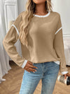 Slightly Stretchy Ribbed Long Sleeve Top with Contrast Trim - Elegant Basic Style - Store 42