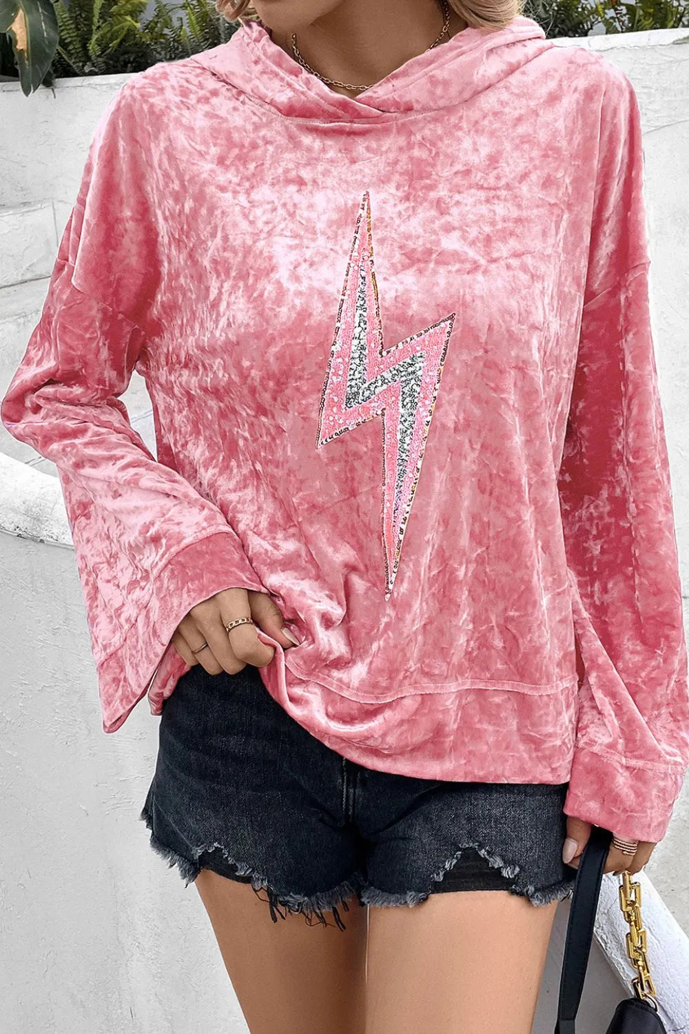 Thunderbolt Sequin Long Sleeve Hoodie for Women - Slightly Stretchy, Opaque Fabric, Trendy Style