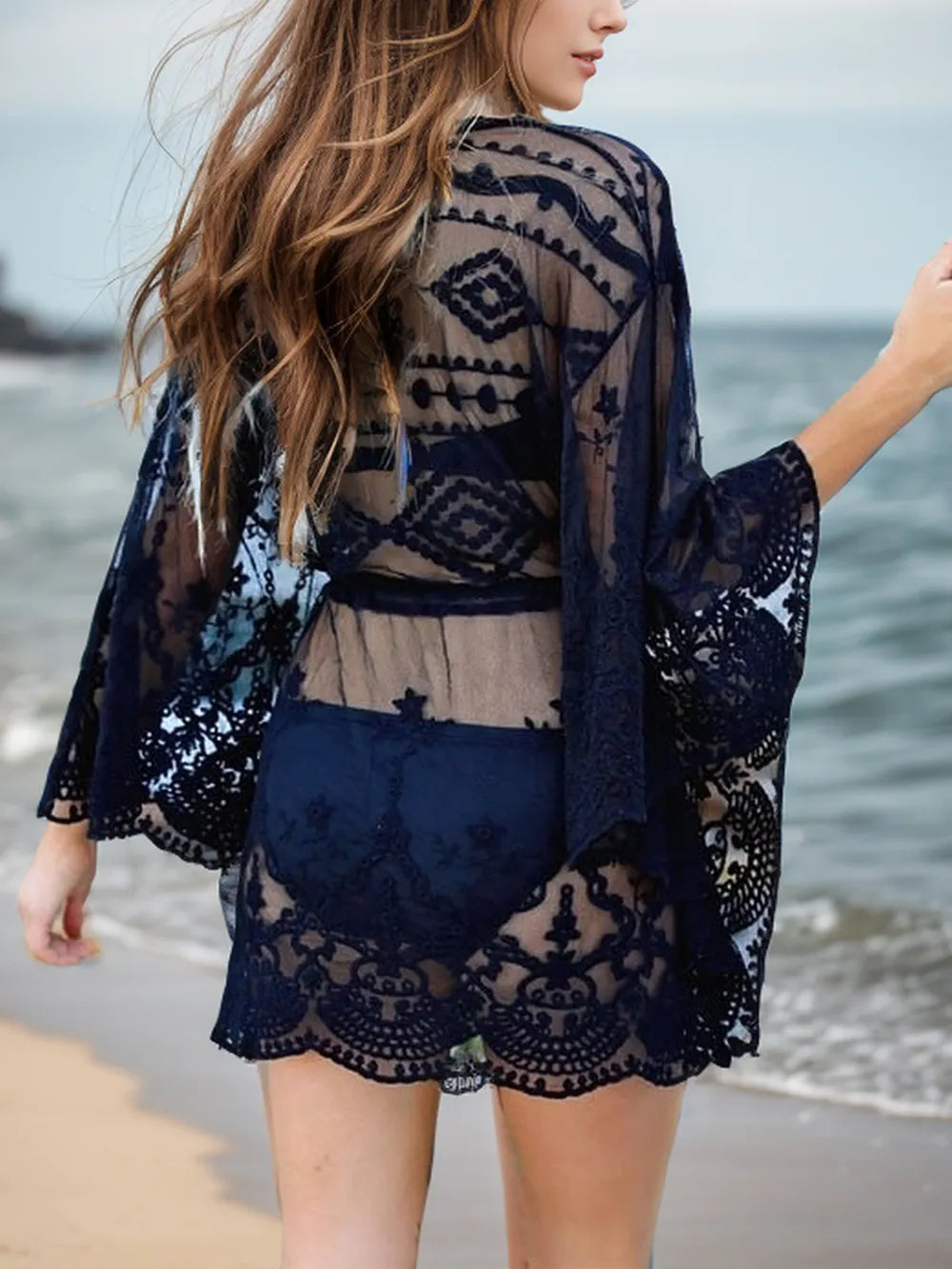 Elegant Lace V-Neck Three-Quarter Sleeve Sheer Cover Up – 100% Polyester, One Size Fits All