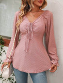 Mandy Tie Front V-Neck Blouse with Flounce Sleeves in Solid Casual Style - Store 42