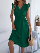 Lace Detail Ruffled Cap Sleeve Pleated Dress