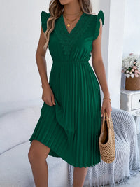 Lace Detail Ruffled Cap Sleeve Pleated Dress